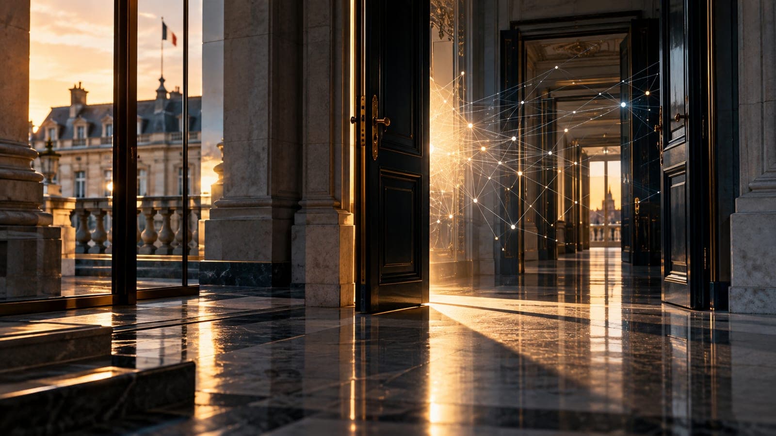 Portes ouvertes sur un couloir de palais au coucher du soleil