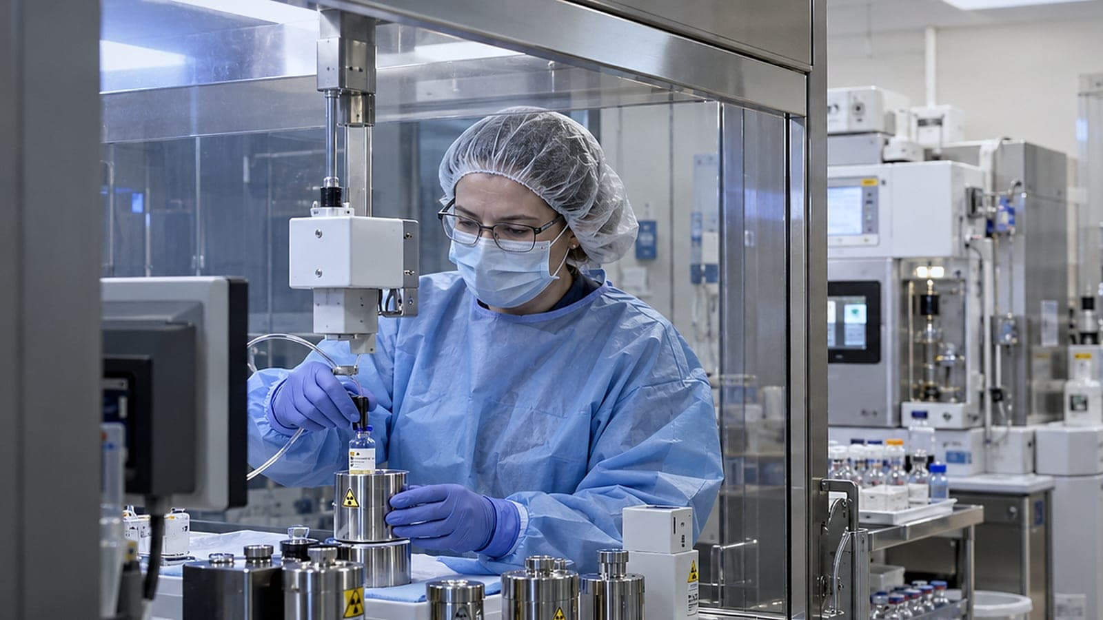 Dans une salle propre de production pharmaceutique, une technicienne en tenue stérile manipule un flacon