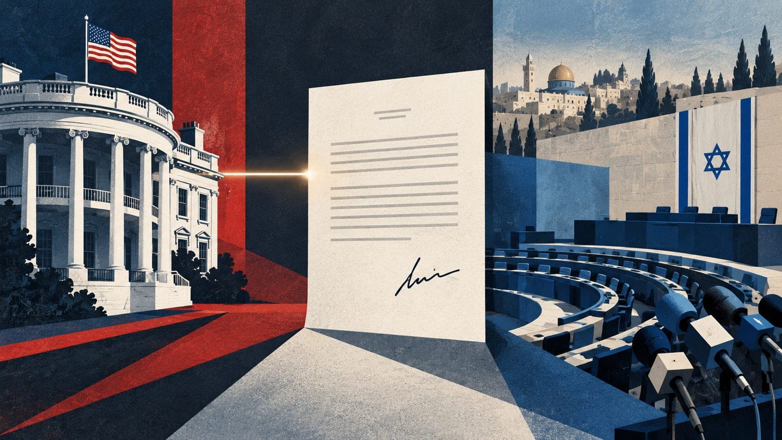 Illustration : une lettre signée entre la façade de la Maison-Blanche et un hémicycle parlementaire israélien, des micros au premier plan