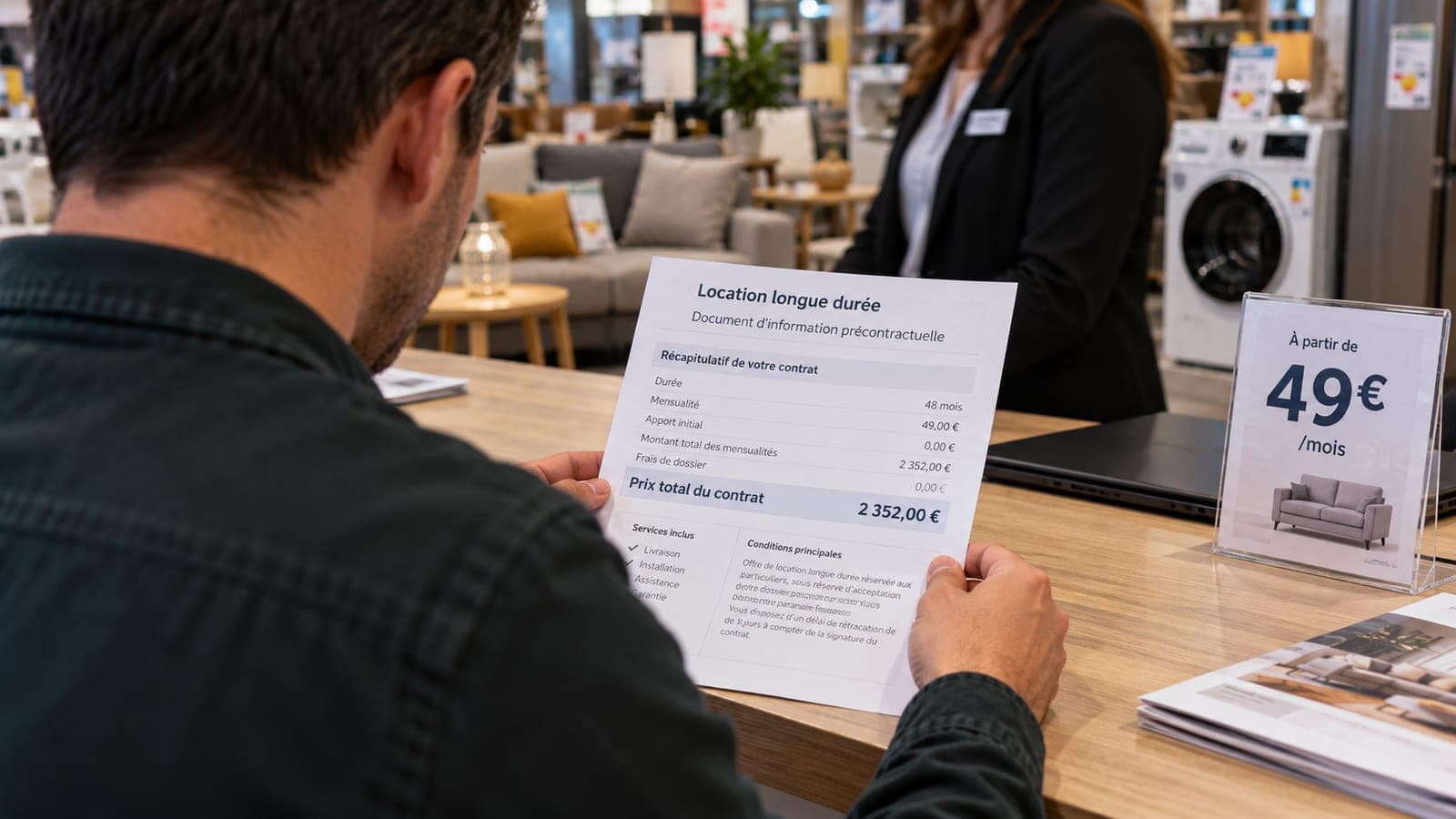 Client lisant en magasin le document précontractuel d'une location longue durée indiquant mensualité et prix total