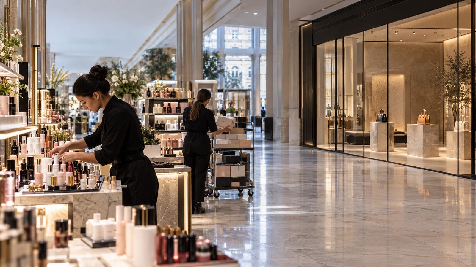 Dans un grand magasin, des conseillères réassortissent un rayon beauté face à la vitrine d'une boutique de maroquinerie