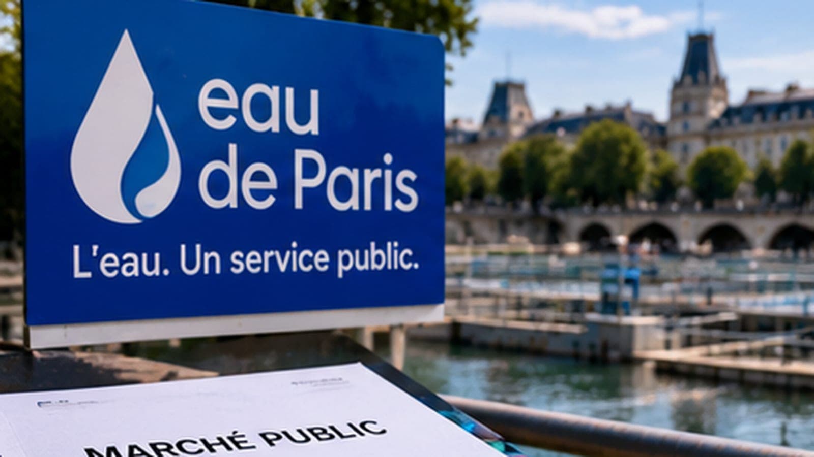 Panneau d'Eau de Paris au bord de la Seine et dossier de marché public