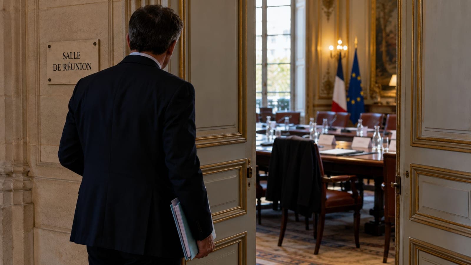 Homme de dos entrant dans une salle de réunion ministérielle, table préparée, drapeaux français et européen