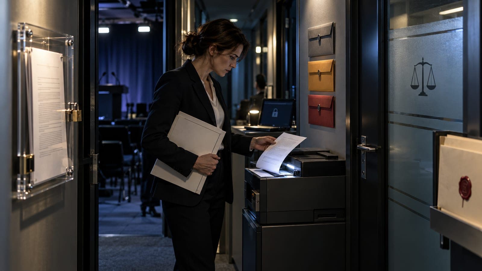 Illustration editoriale : dans un couloir attenant a une salle de presse, une juriste retire une page d une imprimante, des pochettes et un document sous vitrine autour d elle