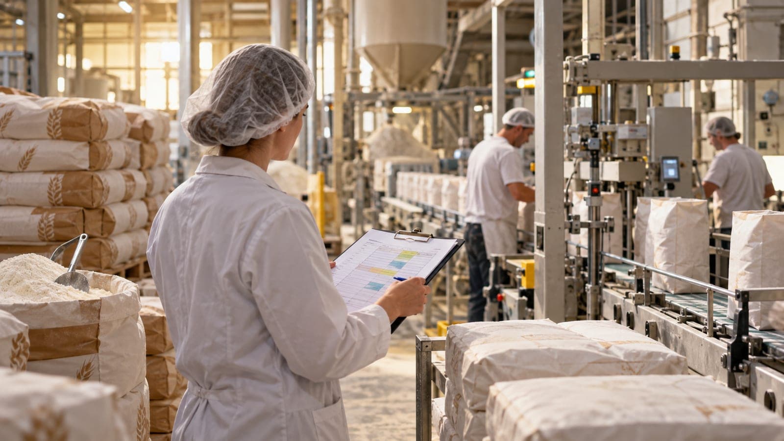 Une responsable qualité vérifie un planning devant une ligne d'ensachage de farine