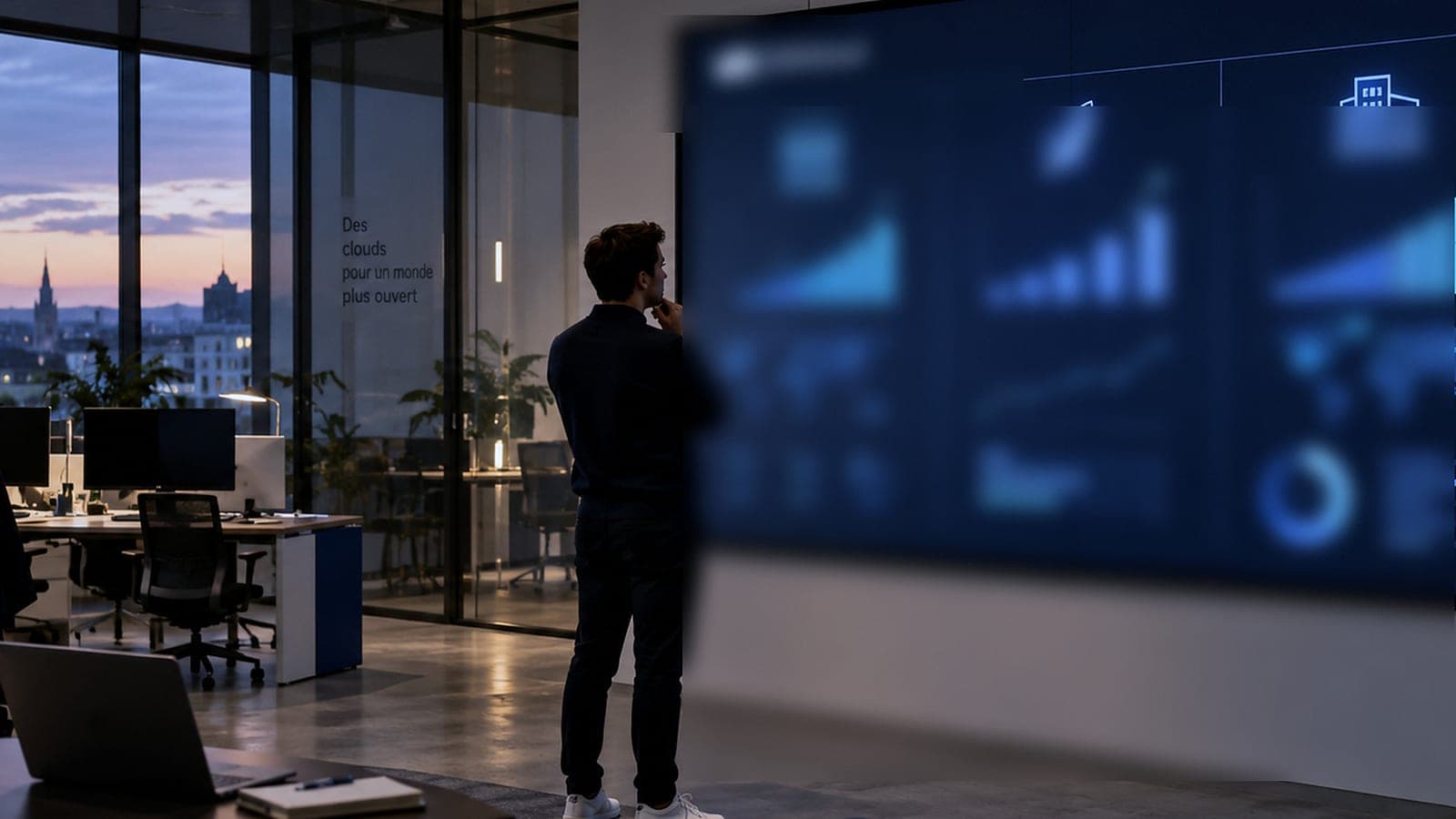 Un homme observe un grand écran de tableaux de bord dans un plateau de bureaux, au crépuscule