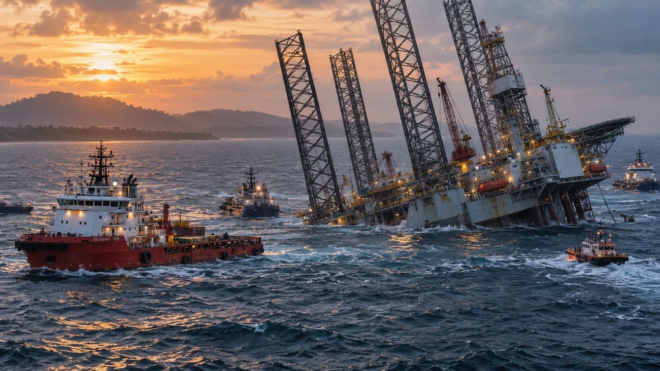 Plateforme de forage autoélévatrice inclinée en mer au crépuscule, entourée de navires de soutien