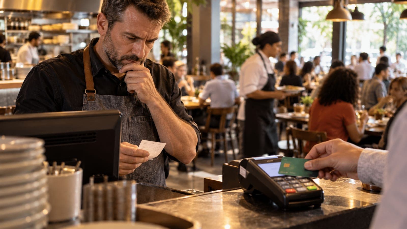 Un restaurateur lit un ticket pendant qu'un client paie par carte au comptoir