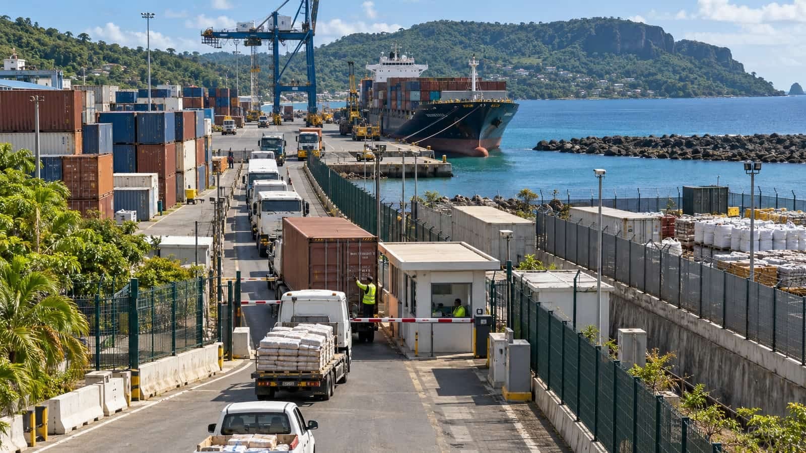 Un terminal portuaire à conteneurs sur une île tropicale, une file de camions attendant au poste de contrôle d’accès