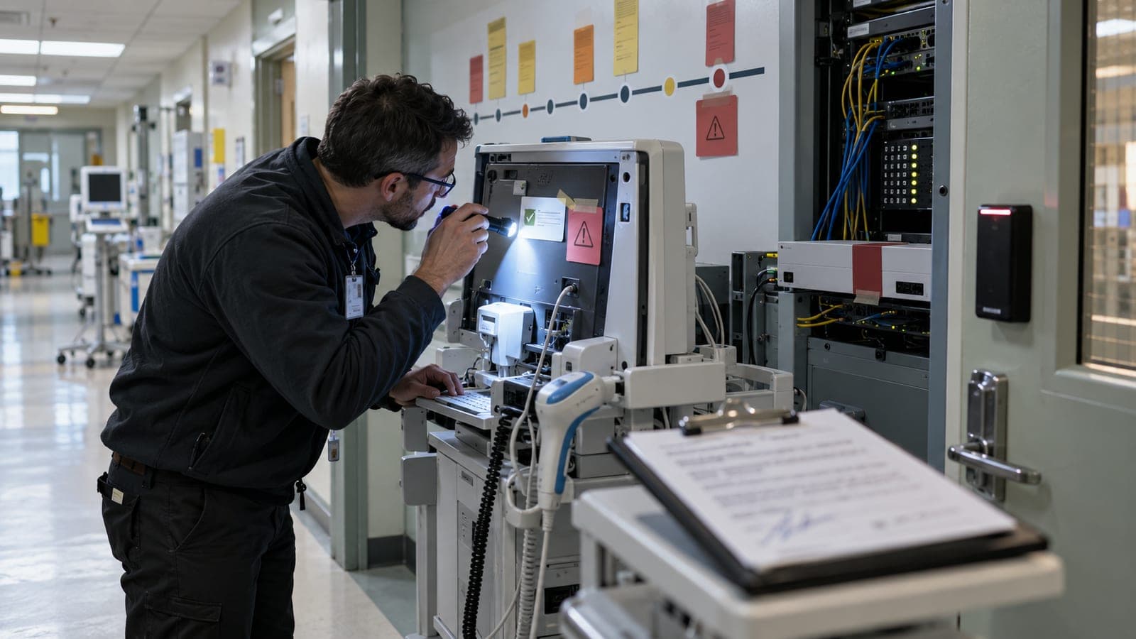 Illustration editoriale : dans un couloir d etablissement de soins, un technicien inspecte l interieur d un poste medical, une chronologie de correctifs est affichee au mur et un document signe repose au premier plan