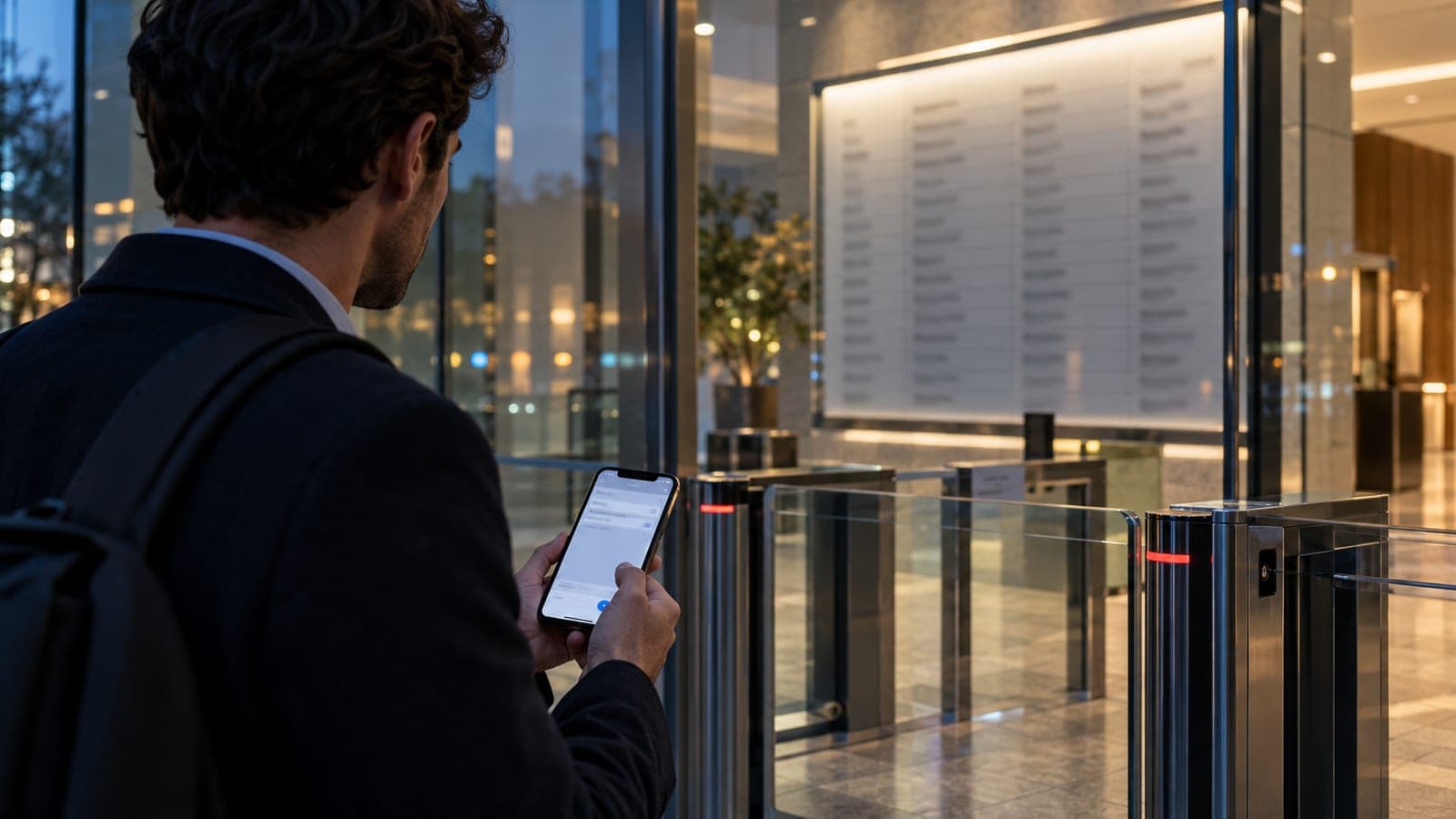 Un commercial consulte son téléphone devant les portiques d'accès d'un immeuble de bureaux et l'annuaire des sociétés