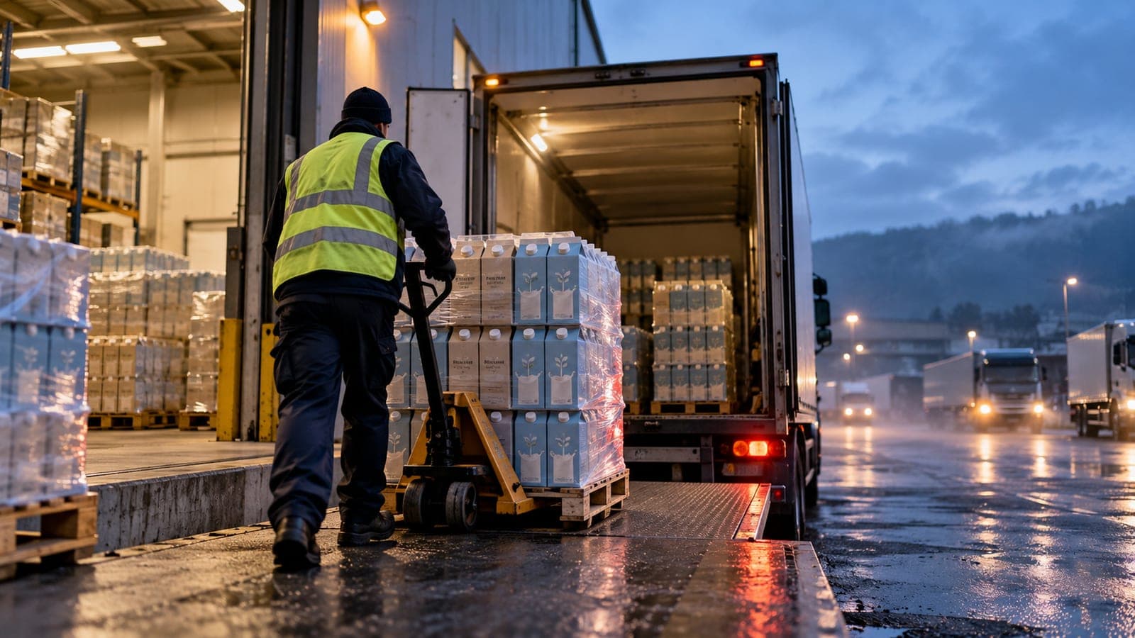 Sur un quai de chargement, un manutentionnaire pousse une palette de briques de boisson vers la remorque d'un camion