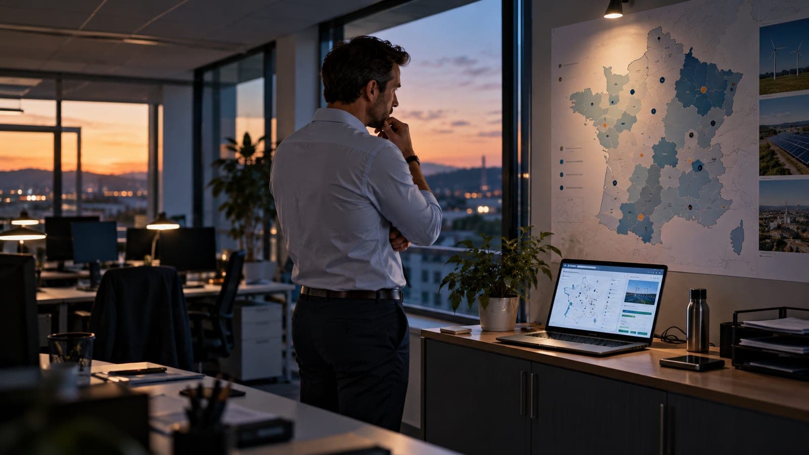 Illustration : un dirigeant, de dos, observe une carte de France du réseau commercial dans un bureau au crépuscule, un ordinateur ouvert sur un tableau de bord