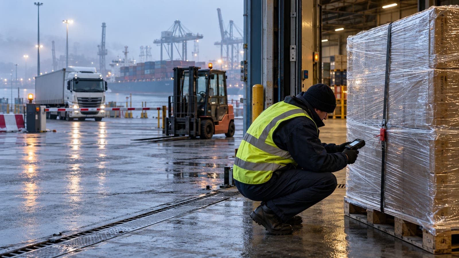 Un agent contrôle une palette scellée à l'entrée d'un entrepôt portuaire