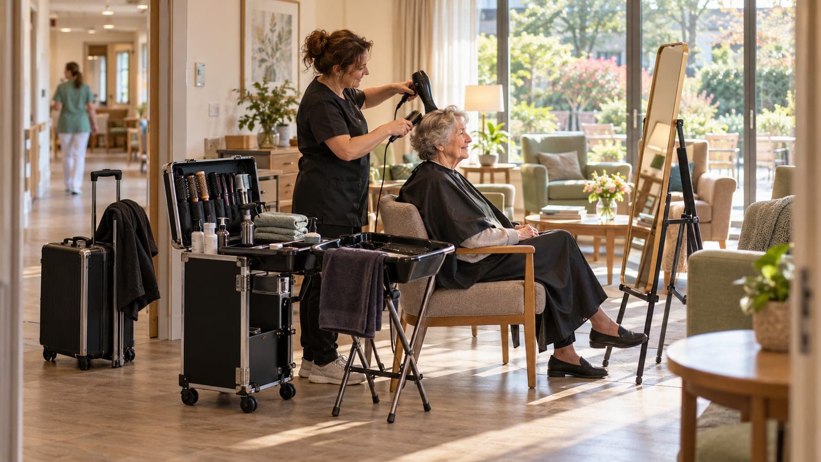 Dans le salon lumineux d'une résidence seniors, une coiffeuse sèche les cheveux d'une résidente, son matériel mobile à côté