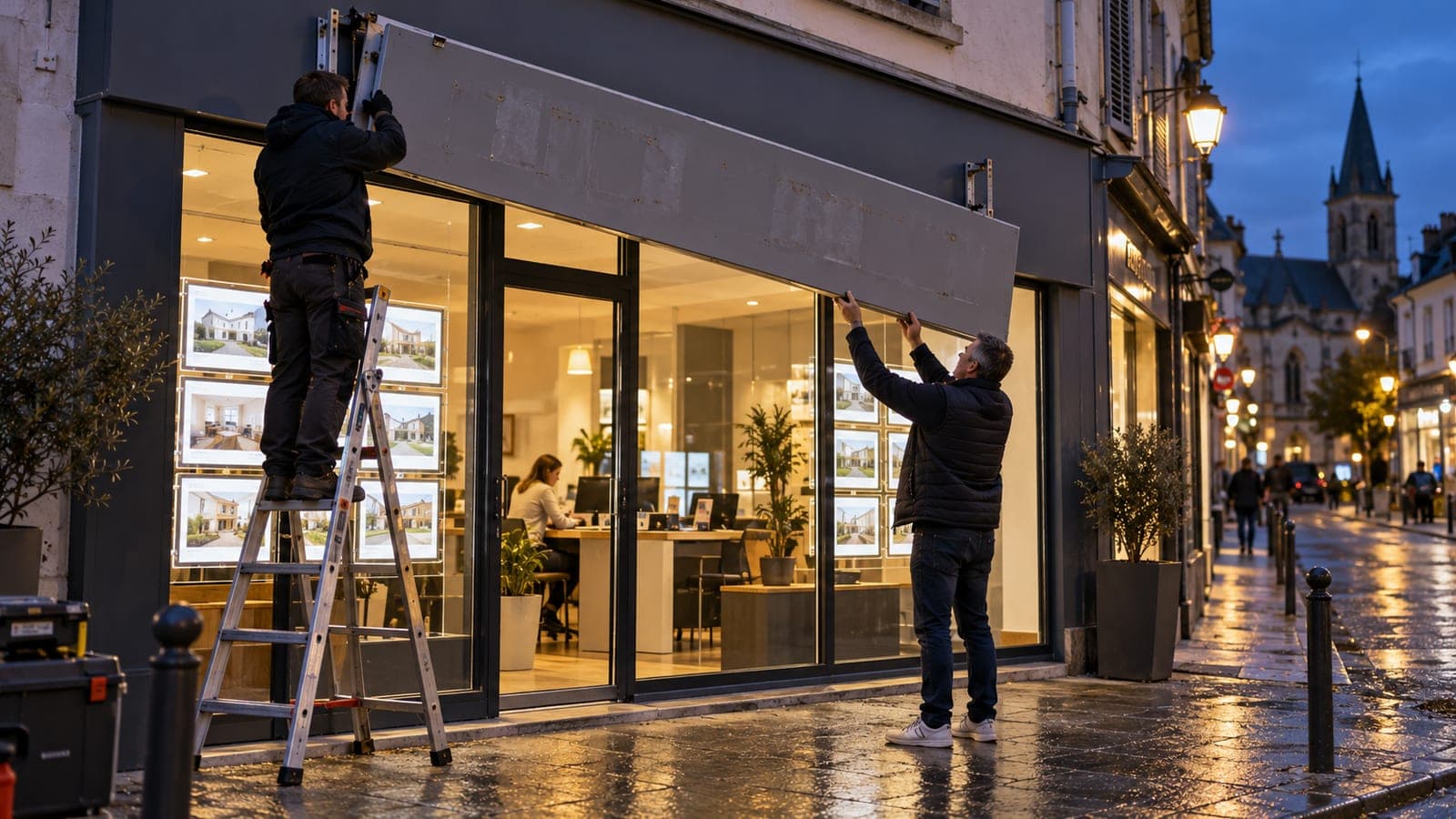 Le soir, deux hommes déposent l'enseigne d'une agence immobilière de centre-ville, vitrine éclairée et annonces affichées