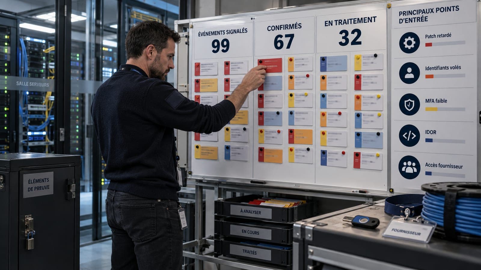 Illustration editoriale : devant une salle serveurs, un technicien deplace une fiche sur un tableau de suivi affichant 99 evenements signales, 67 confirmes et 32 en traitement, a cote d une liste des principaux points d entree