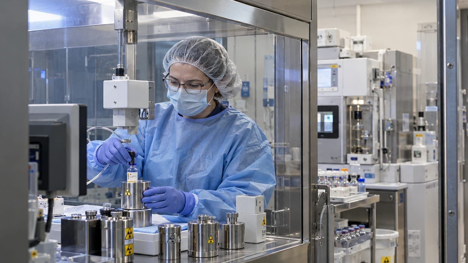 Préparatrice en tenue stérile manipulant des conteneurs plombés de produits radiopharmaceutiques derrière une vitre de protection