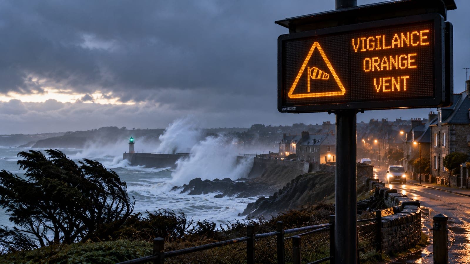 Panneau lumineux affichant Vigilance orange vent au-dessus d'une route littorale, vagues brisant sur une jetée et un phare par gros temps
