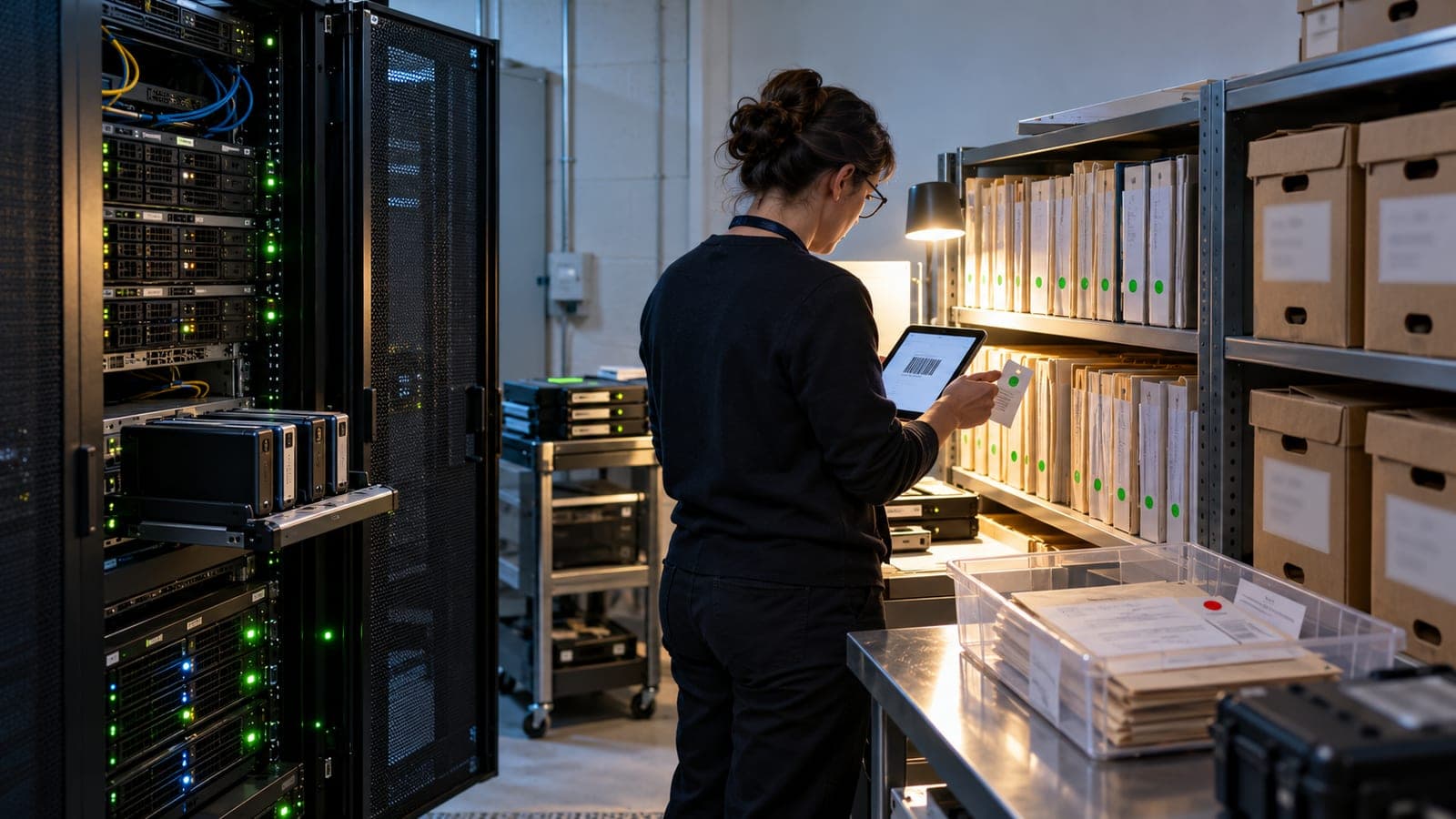 Une archiviste vérifie au code-barres des dossiers classés près de baies de serveurs, certains marqués d’une pastille verte, un bac à part pastillé de rouge