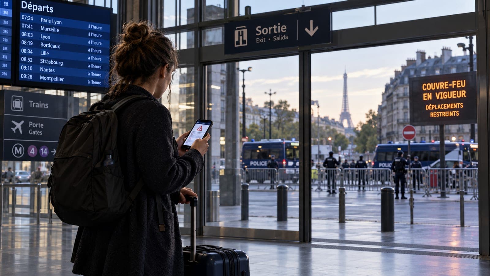 Illustration : une voyageuse, valise à la main, consulte une alerte sur son téléphone dans le hall d'une gare, un panneau annonçant un couvre-feu et un dispositif policier au dehors