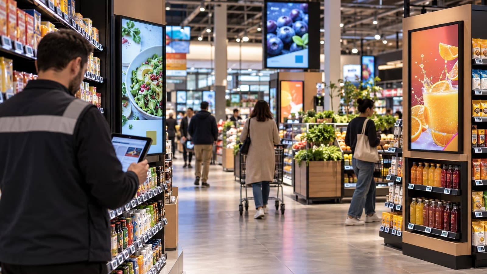 Écrans publicitaires et étiquettes électroniques dans les rayons d'un supermarché