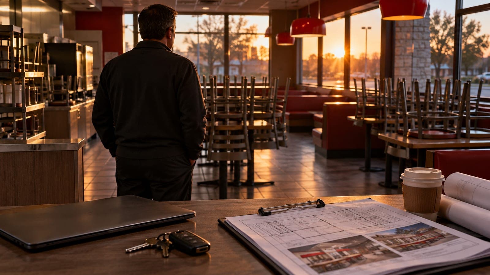 Un exploitant de restaurant, de dos, dans une salle fermée au coucher du soleil, des plans de rénovation sur la table