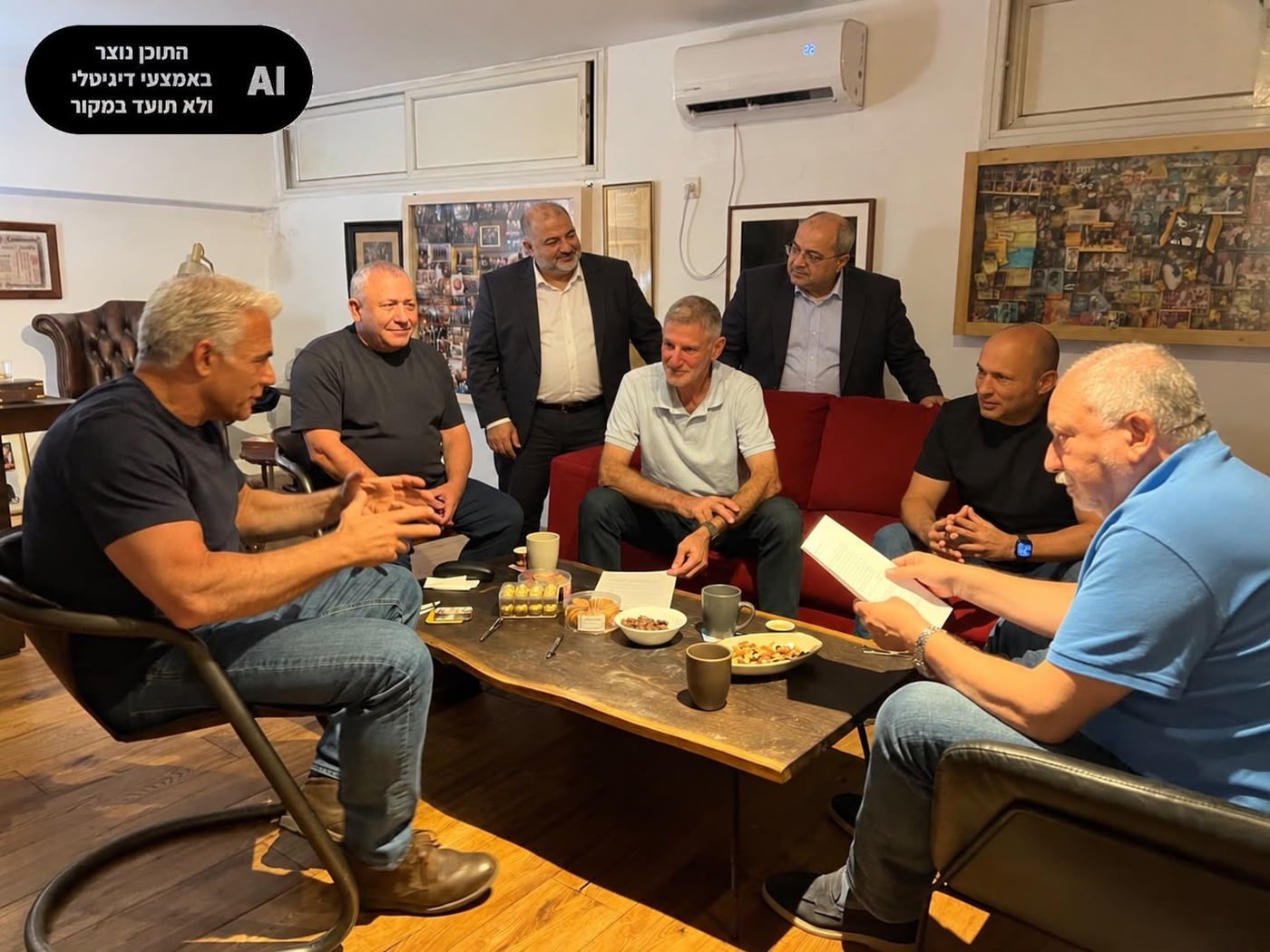Version modifiée par intelligence artificielle de la même photographie, 2 hommes en costume sombre ajoutés debout derrière le canapé, et un badge noir portant la mention AI en haut à gauche